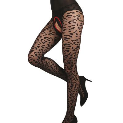 Pantyhose Crothless Leopard Sheer Stockings Black 1X/2X MeMoi